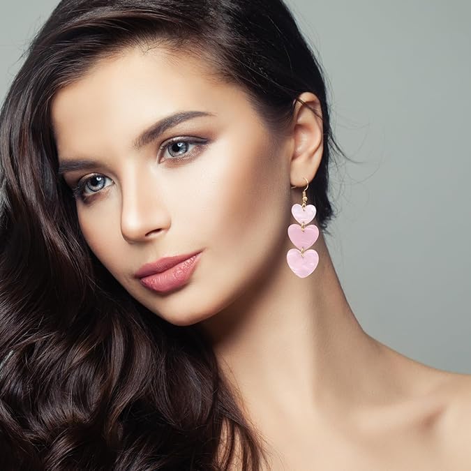 El Regalo Valentines Day Gift for Her- Heart Earrings for Women Girls- Dangling dangler Valentine's Day Gift (Pink Acrylic Heart Earrings)