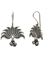 El Regalo Vintage Lotus Hook Earrings with Ghungroo for Girls & Women | Light Weight Silver Replica Brass Lotus Earrings in Oxidized Silver Finish