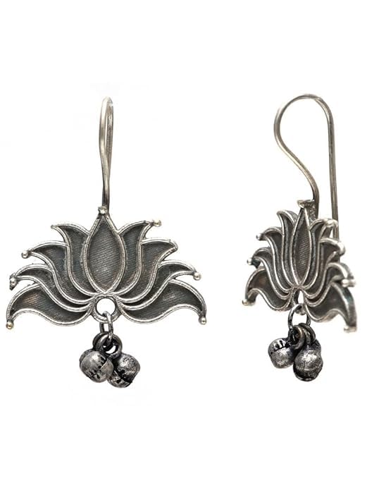 El Regalo Vintage Lotus Hook Earrings with Ghungroo for Girls & Women | Light Weight Silver Replica Brass Lotus Earrings in Oxidized Silver Finish