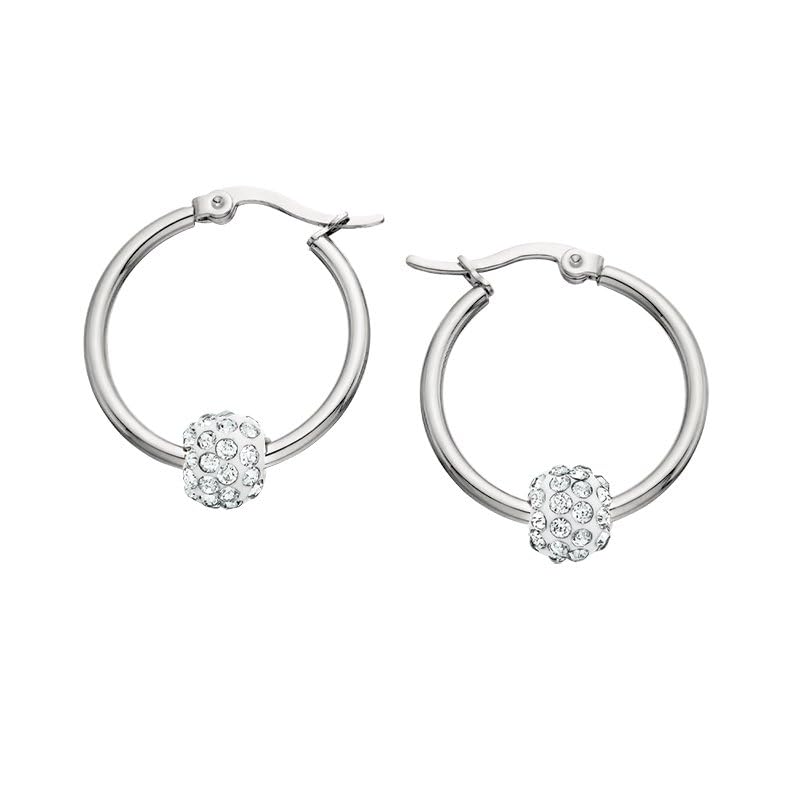 El Regalo Stainless Steel Hoop Earrings with Crystal Balls- Colored Crystal Ball 316L Surgical Steel Hoop Earrings- Crystal Baali for Girls & Women (White)
