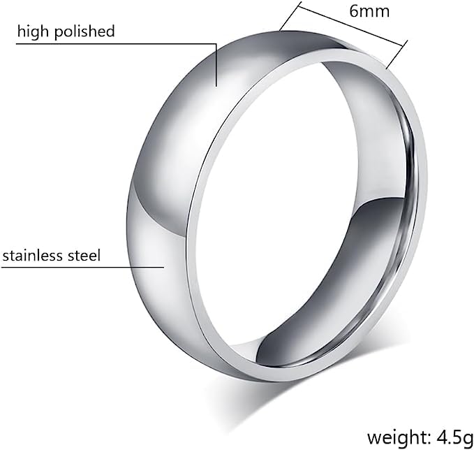 El Regalo Solid Stainless Steel 6mm Plain Classic Band Ring Comfort-Fit for Men Women- Anti Tarnish/Waterproof Plain Dome Stacking Simple Rings Bands Thumb Finger Ring (Silver, 20)