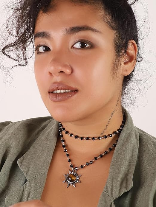 El Regalo Gothic Black Bead Sun Pendant Choker Necklace for Women & Girls - Vintage Goth Boho Jewelry | Statement Sun Charm Beaded Necklace for Party, Festival, Casual (Brown Tiger Eye)