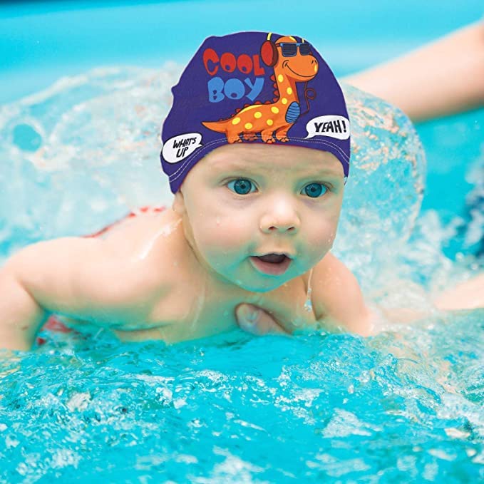 El Regalo 2 PCs Swim Cap Kids/Toddlers, Comfortable Breathable Polyester Fabric Swimming Caps Cute Cartoon Dolphin, Shark, Owl, Mermaid Fairy, Unicorn, Giraffe Swim Caps (Dinosaur & Blue Owl)