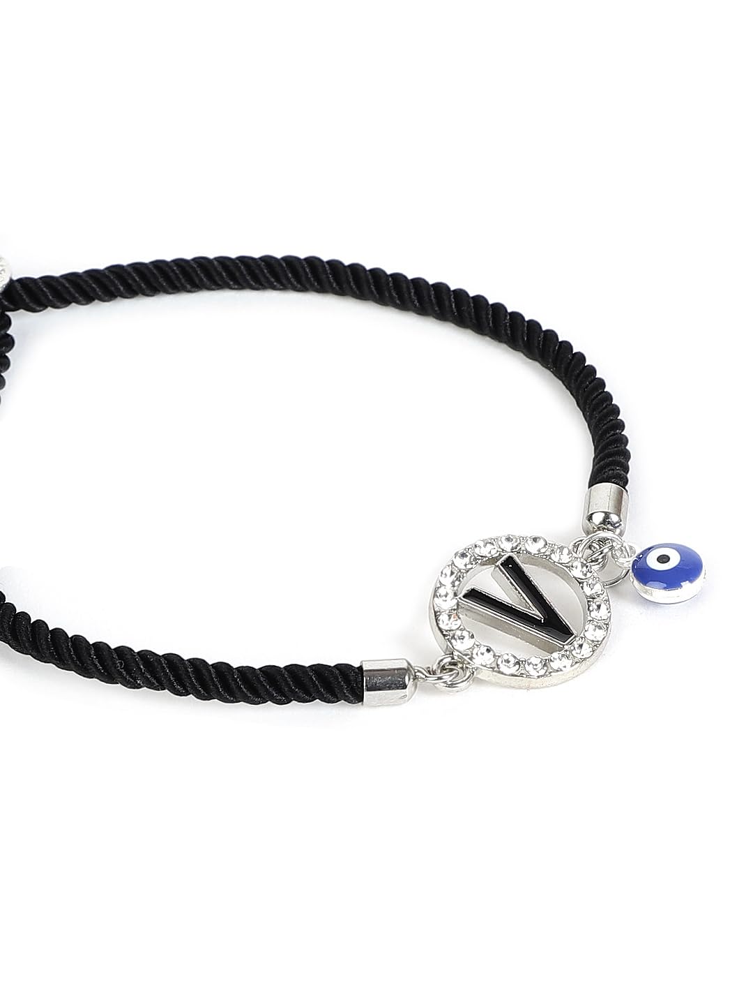 El Regalo Name Initials Evil Eye Bracelet Rakhi for Brother- Name Letter CZ Rakhi with Roli Chawal, Message Card in Rakshabandhan Box for Bhai (Black-V)
