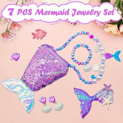 El Regalo 6PCs Mermaid Shell Girls Kids Jewelry Set- Necklace, Bracelet, Earrings, Ring, Hair Clip & Sequin Handbag for Girls- Girls Princess Jewelry Set