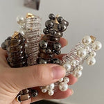 El Regalo 3PCs Stretchy Pearl Spiral Braided Telephone Scrunchies Ponytail Holders, Hair Ties for Kids Girls/Teens & Women - Black, White & Silver