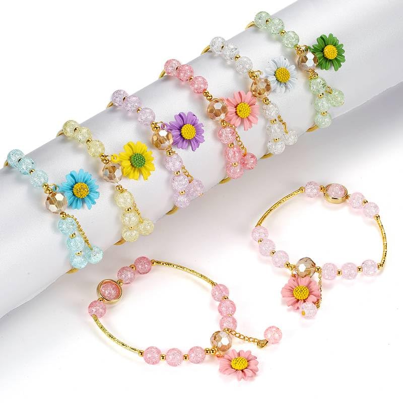 El Regalo 1PC Daisy Flower/Sunflower Crackle Beads Stretch Bracelet for Girls & Women- Fancy Floral Bracelets (Green)