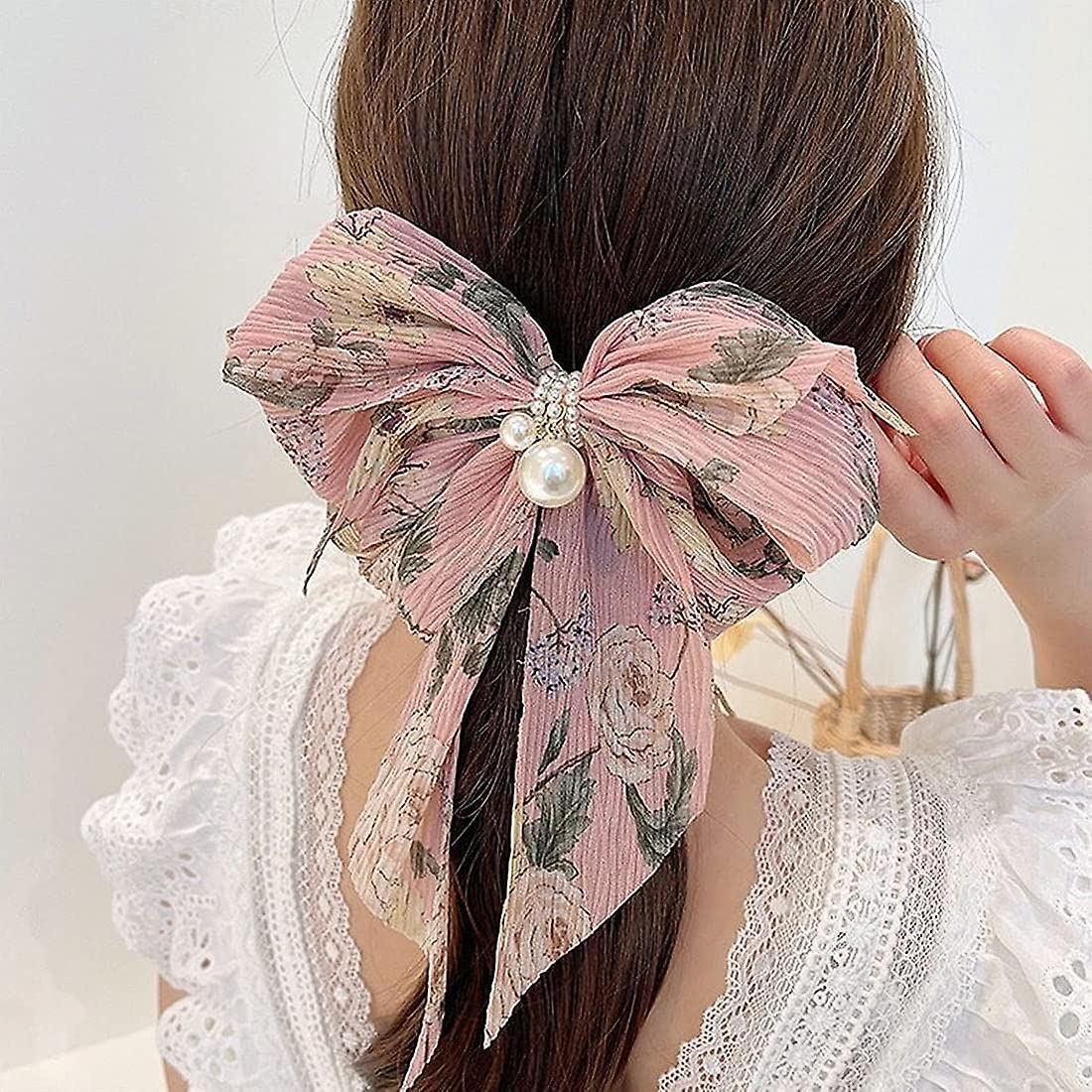 El Regalo Big Bow Floral Hair Clip- Long Ribbon Streamer Super Fairy Fashion Hair Accessories Head Hairpin Headdress Hair accessories for Girls/Women (Pink Shade)