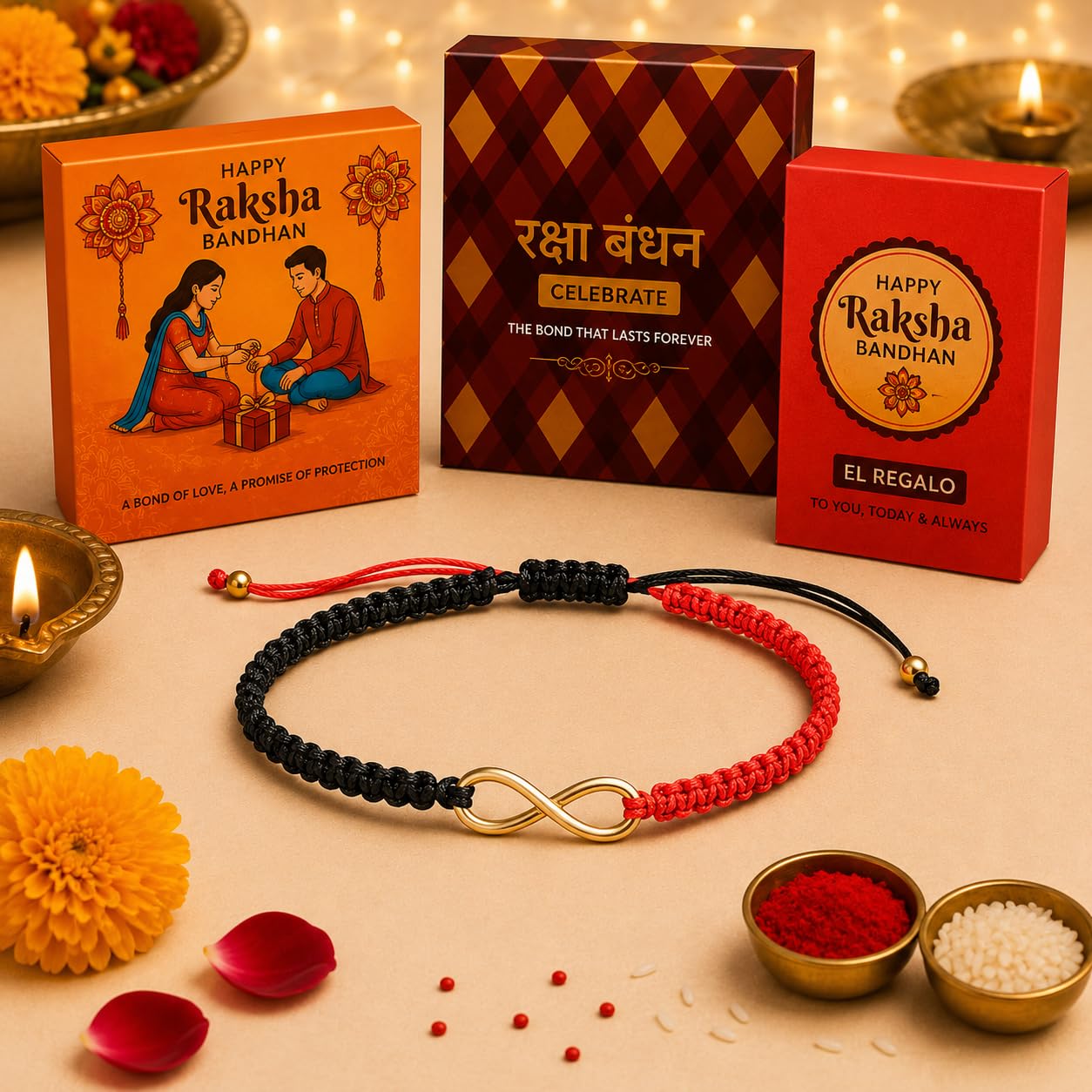 El Regalo 1PC Minimalist Infinity Rakhi for Brother- Simple Infinity Rakhi with Roli Chawal, Rakhi Message Card in Rakhi Gift box for Brother (Red & Black Shade)