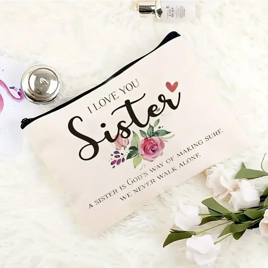 El Regalo 1PC 'I Love You Sister' OR Sisters Forever Friends Printed Makeup Pouch, Portable Travel Toiletry Bag, Multipurpose Zippered Organizer Bag (I Love You Sister)