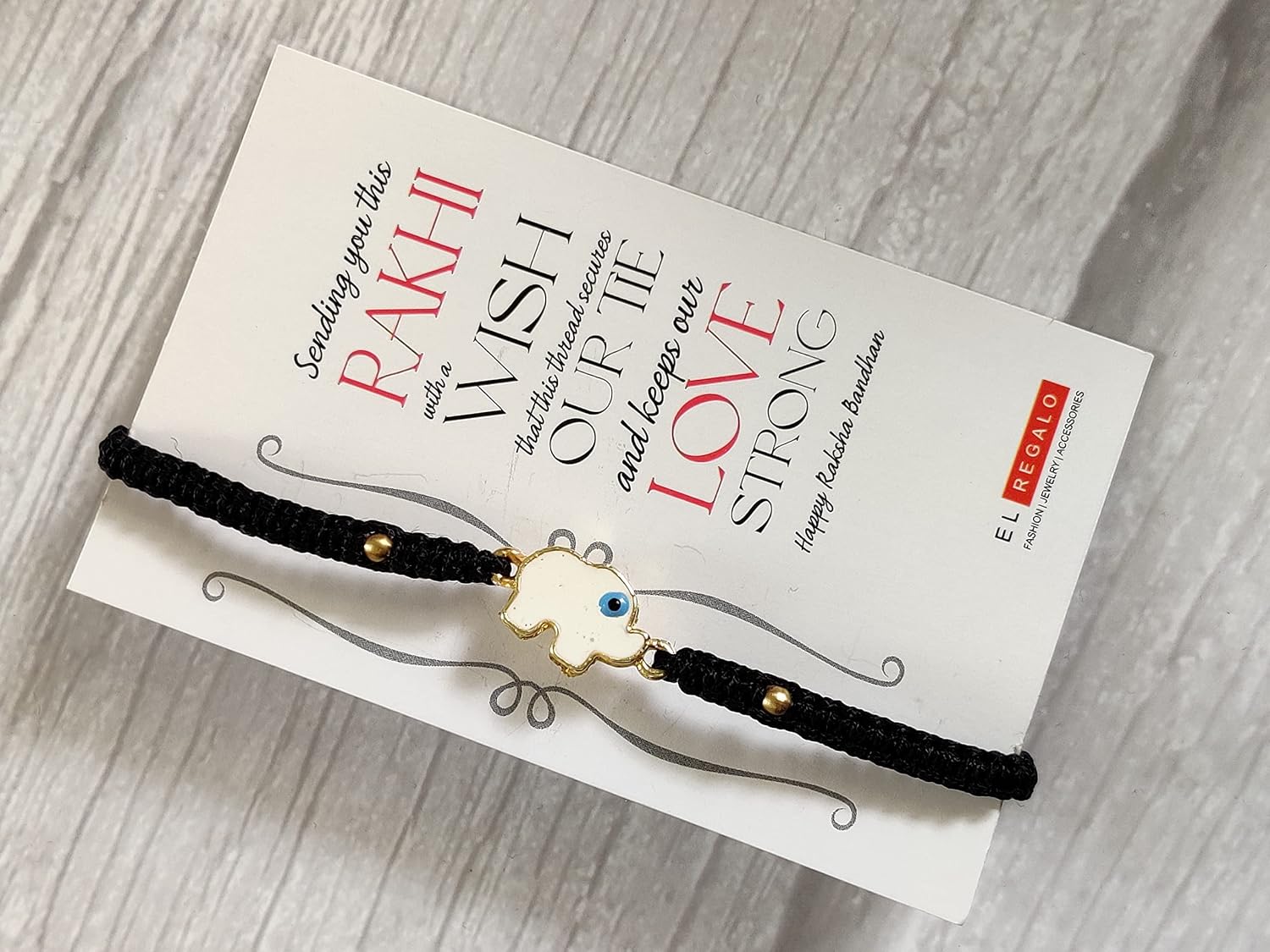 El Regalo 1PC Elephant Evil Eye Rakhi for Brother with & Message Card in Gift Box- Rakhi for Brother/Bhabhi/Niece or Nephew (White elephant Black)
