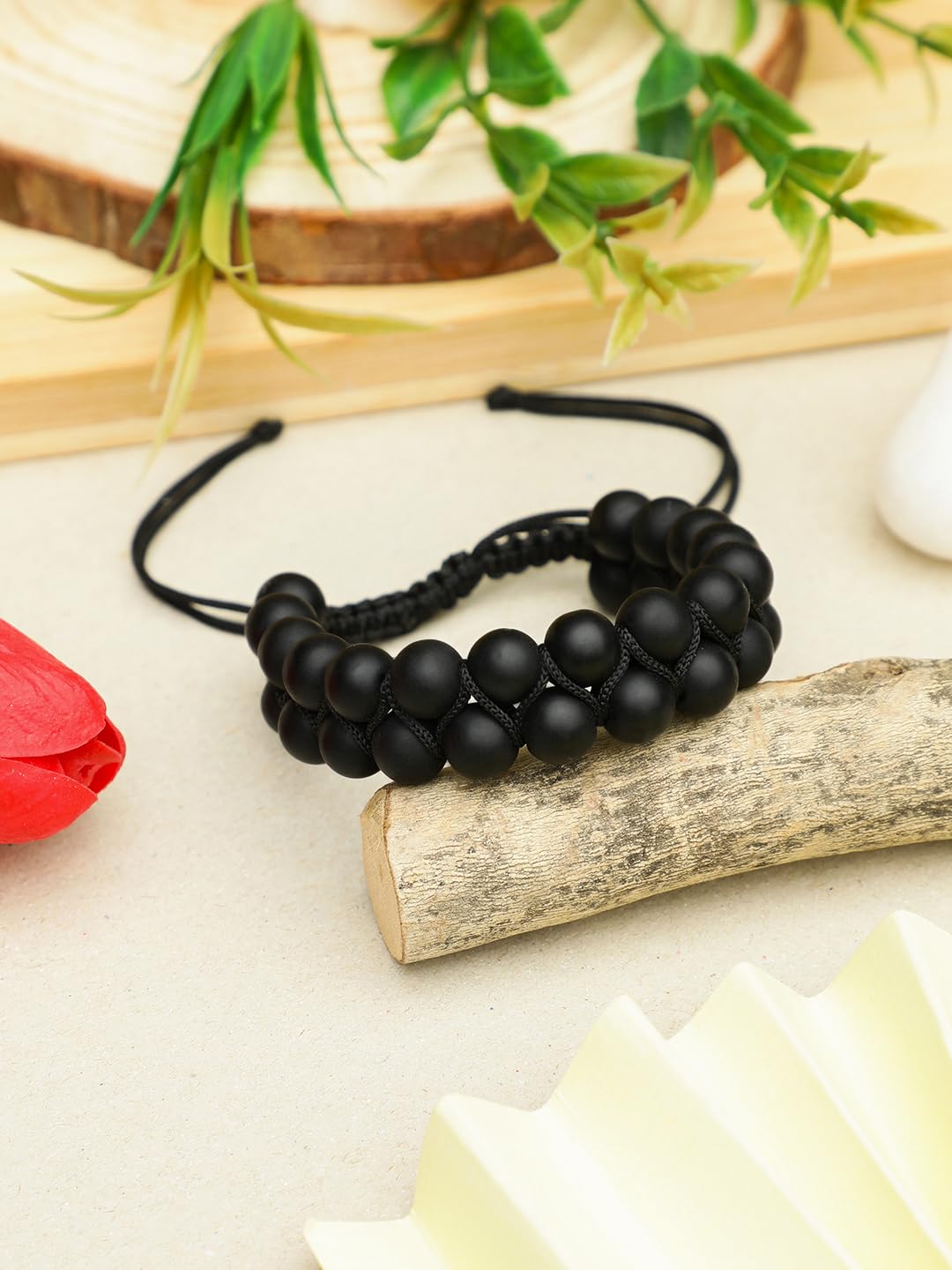 El Regalo 1 PC Tiger Eye & Black Onyx Matte Finish Double Layered Unisex Adjustable Bracelet - Men & Women Bracelet For Reiki Healing (Black Matt Stones Bracelet)