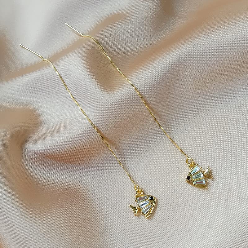 El Regalo Gold Plated Plated Minimalist Long Thin Tassel Elegant Threader Dangle Chain Earrings for Girls & Women (Fish Threader)