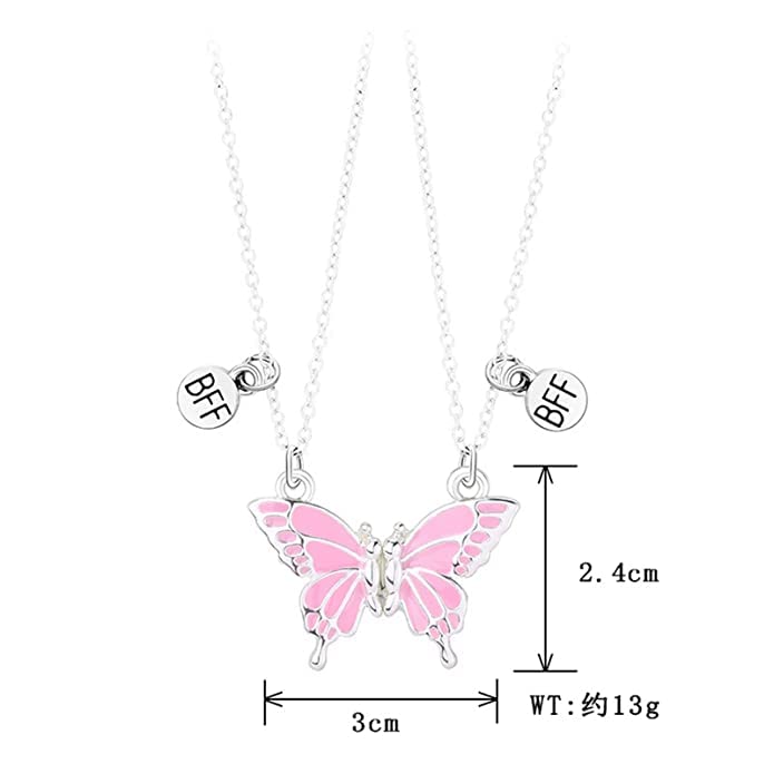 El Regalo Magnetic Butterfly BFF Necklaces for 2, Enamel Butterfly Friendship Magnetic Necklace for Teen Girls Women - Gift for Best Friends/Besties/Sisters (Pink Butterflies)