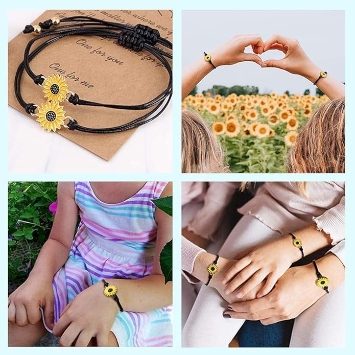 El Regalo Unisex 2 Pcs Sunflower Bracelets Set- Handmade Boho Sunflower Daisy BFF Friendship Bracelets Adjustable Braided Rope Pinky Promise Bracelets (Black)