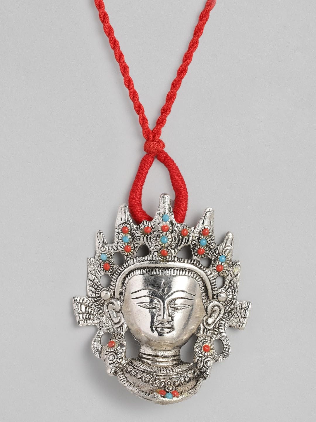 El Regalo Womens Big & Bold Ma Durga Face Pendant Necklace- Handmade Goddess Durga Thread Boho Tribal Neckpiece for Navratri Celebrations (Red)