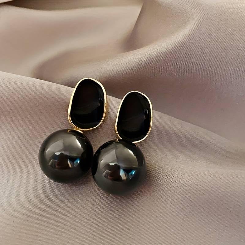 El Regalo 1 Pair Glossy Pearl Stud Earrings for Girls & Women- Pearl Statement Earrings (Black)