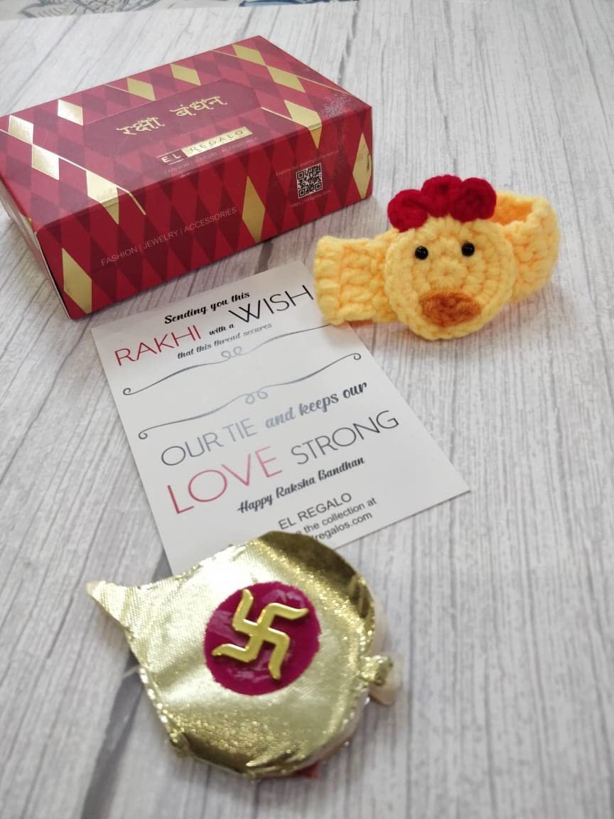 El Regalo Kids Rakhi- 1PC beautiful Hand Knitted Animals Bracelet with Rakhi Card in Rakshabandhan Box- Unique Adjustable, Soft, Knitted for Babies/Toddlers/Kids (Duck Knitted)