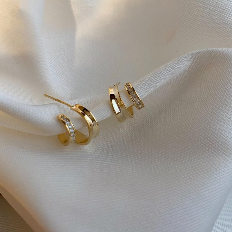 El Regalo Cute Double C-Shaped Gold Plated Stud Earrings for Girls & Women | Western Dual Layered Hoop Spiral Studs | Minimalist Cubic Zirconia Jewelry