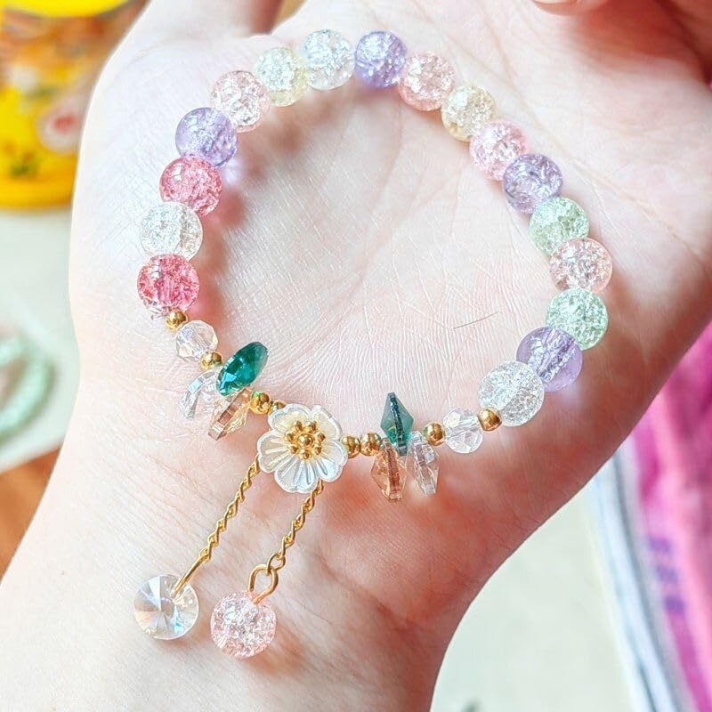 El Regalo Daisy Flower Bracelets- 1PC Crackled Crystal Beads Tassel Flower Charms Bracelet for Girls & Women (Multi)
