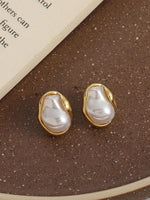 El Regalo Womens Classic Baroque Faux Pearl Stud Earrings - Elegant French Vintage Style, Irregular Geometric Abstract Golden Pearl
