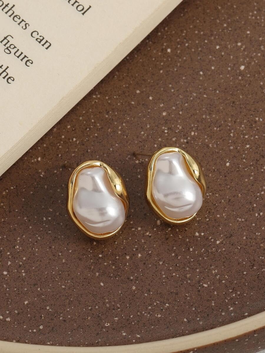 El Regalo Womens Classic Baroque Faux Pearl Stud Earrings - Elegant French Vintage Style, Irregular Geometric Abstract Golden Pearl