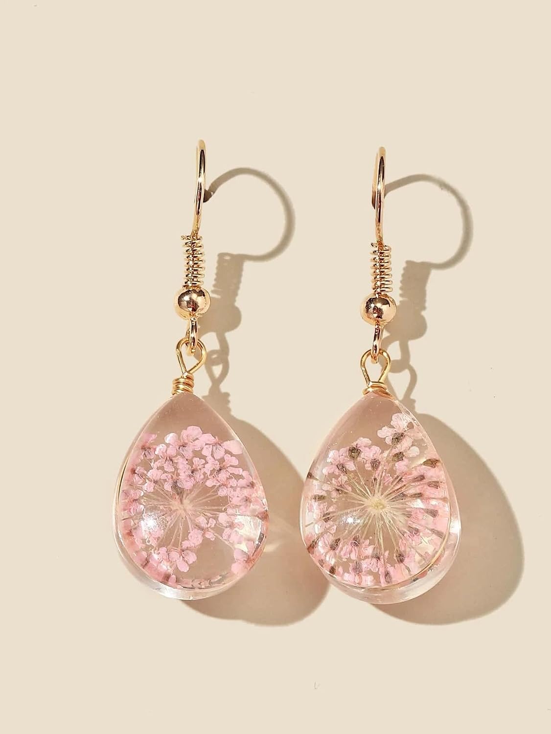 El Regalo Womens Handmade Glass Dried Flowers Gypsophila Earrings(Life Tree)- Beautiful Real Dried Flowers Pressed Drop Earrings (Pink Drop)