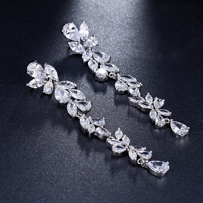 El Regalo Womens Leaf Cubic Zirconia Bridal Earrings for Wedding- Teardrop Crystal Chandelier Dangle Earrings - Flower Vine Diamond Drop Earrings