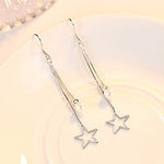 El Regalo 925 Silver Plated Minimalist Long Thin Linear CZ Elegant Threader Dangle Chain Earrings for Girls & Women (Star Pearl Tassel)