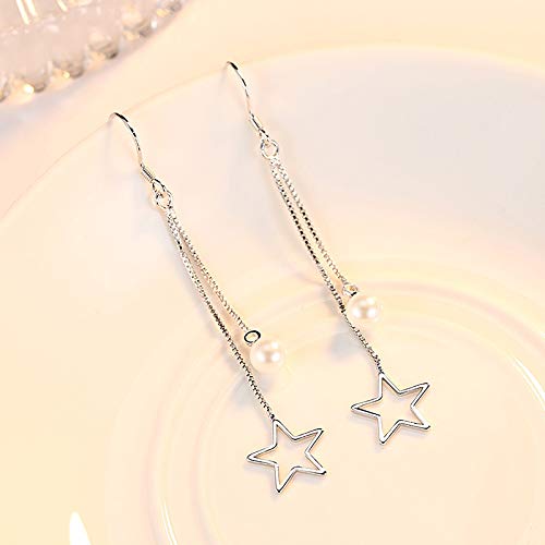 El Regalo 925 Silver Plated Minimalist Long Thin Linear CZ Elegant Threader Dangle Chain Earrings for Girls & Women (Star Pearl Tassel)