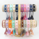 El Regalo Bohemian Style Heart Charm Rivet Tassel Unisex Bracelet | Handcrafted Woven Rope Bracelet with Golden Heart Charms and Adjustable Knot Closure (Pink)