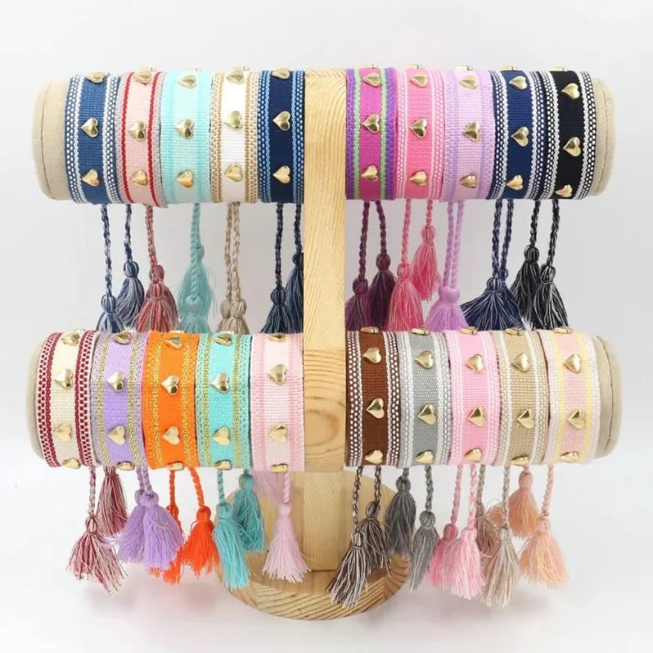 El Regalo Bohemian Style Heart Charm Rivet Tassel Unisex Bracelet | Handcrafted Woven Rope Bracelet with Golden Heart Charms and Adjustable Knot Closure (Pink)