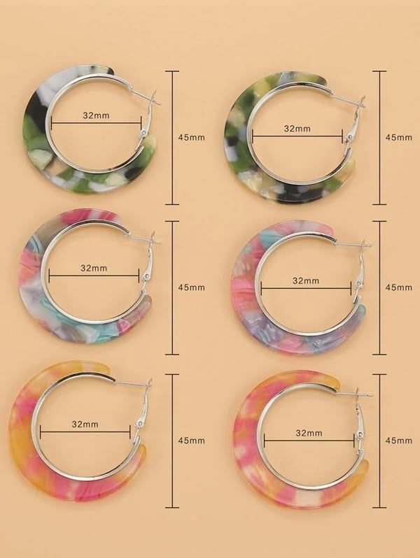 El Regalo 3 Pairs Acrylic Hoop Earrings for Women & Girls - Lightweight Colorful Resin Hoops Set - Boho Fashion Jewelry for Western & Casual Wear - Pack of 3 (Geometric C-Shape) (Option-2)