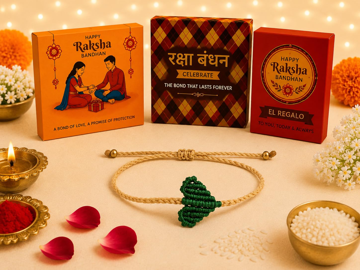 El Regalo Simple Heart Bracelet Rakhi for Brother - Handwoven Adjustable Macrame Rakhi with Roli Chawal | Minimalist Rakshabandhan Bracelet for Bhai in Elegant Rakshabandhan Box (Green)