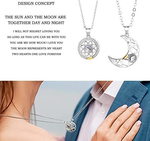 El Regalo BF Magnetic Sun Moon Matching Couple Necklace Set- Best Friend 2 PCs Necklaces Set for Besties/Best Friends/Couples (Golden Silver) For Unisex Adult