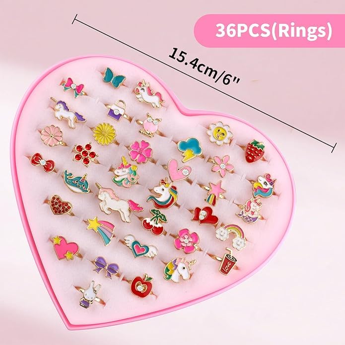 El Regalo 36 Pcs Adjustable Enamel Kids Rings - Unicorn, Rainbow, Strawberry, Flowers & More | No-Duplicate Dress-Up Jewelry Box for 4-12 Year Old Girls - Birthday, Christmas, Valentines