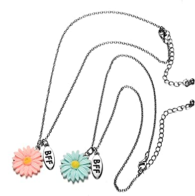El Regalo 2 PCs Best-Friend (BF) Pink Blue Daisy Flowers 2PCs Pendant Necklace Set for Besties/Sisters/Best Friends - BFF Jewelry for Girls