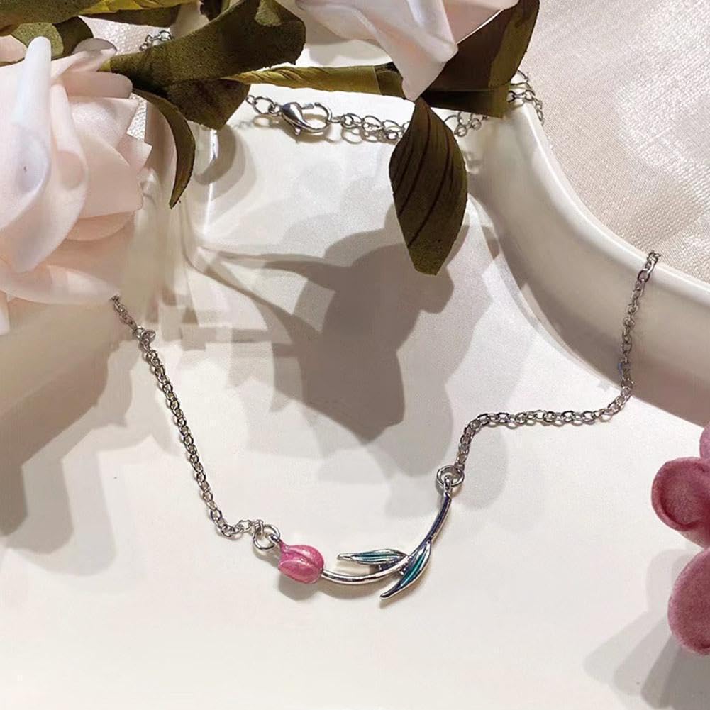 El Regalo Pink Tulip Flower Necklace- Sleek Oil Dripping Tulip Pendant Chain Necklace for Girls & Women