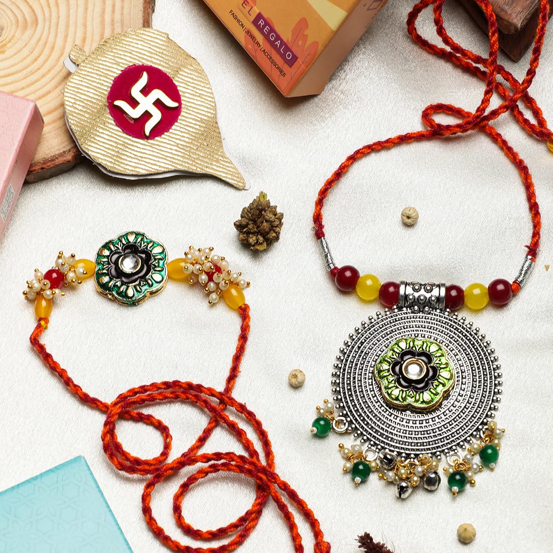 El Regalo Designer Bhaiya- Bhabhi Rakhi Luma/Lumba Set- Kundan, Pearls Rakhi with Roli Chawal in Gift Box- Luma Convertible into Necklace (Option-3)
