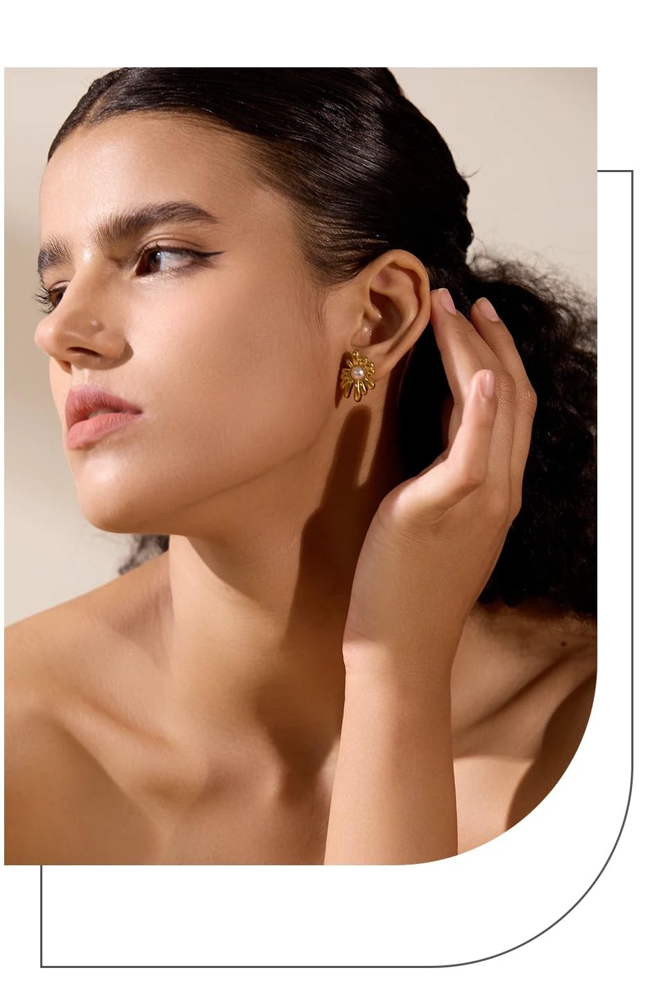El Regalo Stainless Steel Pearl Flower Stud Earrings- Glamorous, Elegant, Anti Tarnish/Waterproof Geometric Design, Gold Polished Finish for Women & Girls