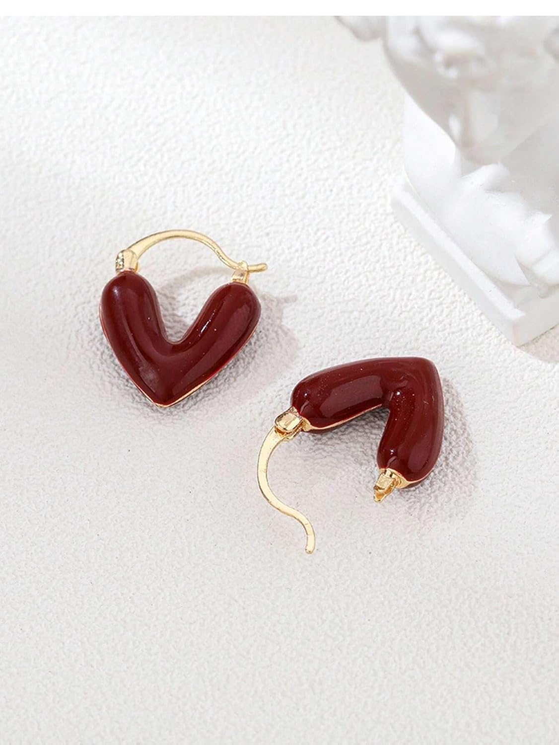 El Regalo 1Pair Love Heart Hoop Earrings- Small Oil Dripping Gold Plated Heart Earrings for Girls & Women Hoop (Dark Red)