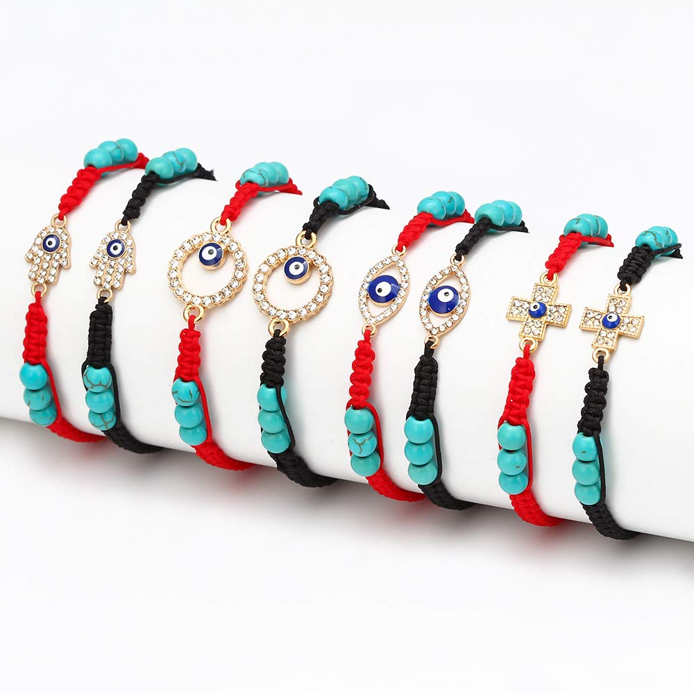 El Regalo Lucky Kabbalah Blue Turkish Evil Eye Red Macrame Thread Rakhi for Your Brother's Protection from Buri Nazar (Hamsa Turquoise Evil Eye)