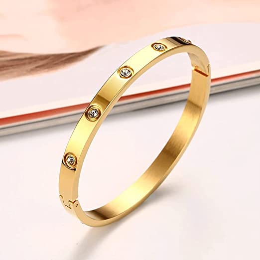 El Regalo Stainless Steel Bangle Bracelet with Cubic Zirconia/CZ for Women - Stainless Steel Openable Bracelet with Magnetic Lock (Gold)