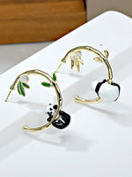 El Regalo Cute Enamelled 3D Panda Bamboo Half Hoop Earrings- Luxury Drip Oil Panda Bamboo Earrings for Women/Girls