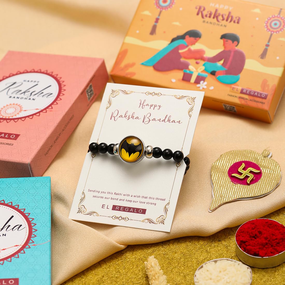 El Regalo 1PC Superhero Kids Marvel Theme Rakhi with Replacement Button for Brother- Kids Unisex Rakhi with Roli Chawal, Rakhi Message Card in Rakhi Gift Box for Little Bro (Batman Rakhi)