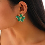 El Regalo Enameled Flower Stud Earrings for Women- Trendy Statement Big Flower Earrings (Green)