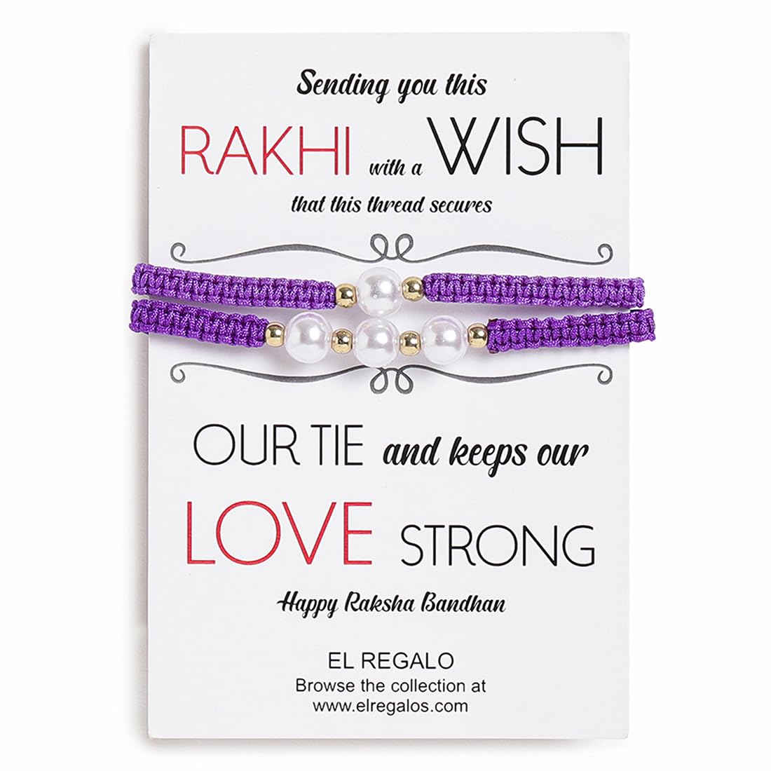 El Regalo 2PCs Pearls Rakhi Combo Set for Bhaiya-Bhabhi/Bhai- Bhatija/Bhatiji- Rakhi Gift Combo with 2 Pearls Rakhi, Roli-Chawal Shagun Pack, Message Card in Gift Box (Purple)
