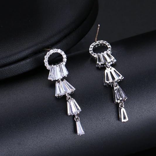 El Regalo Chandelier Earrings with Slender Crystal Baguettes - Silver Plated Drop Pendant CZ Earrings for Women & Girls - Full Paved Cubic Zirconia Crystal Hanging Earrings