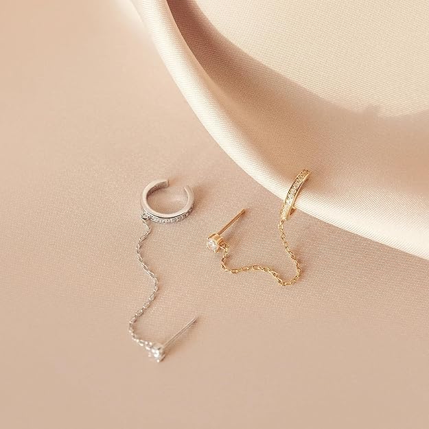 El Regalo Classy CZ Stud Chain Climber Crawler Cuff Earrings for Women, Fancy Minimalist Dainty Ear Cuffs with Link Chain, Non-Pierced Cartilage Helix Wrap Jewelry Gift (Gold)