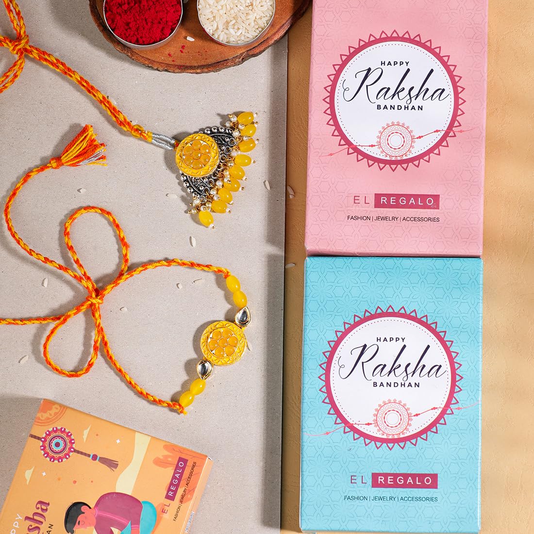 El Regalo Designer Bhaiya- Bhabhi Rakhi Luma/Lumba Set- Kundan, Pearls Rakhi with Roli Chawal in Gift Box- Luma Convertible into Necklace (Option-6)